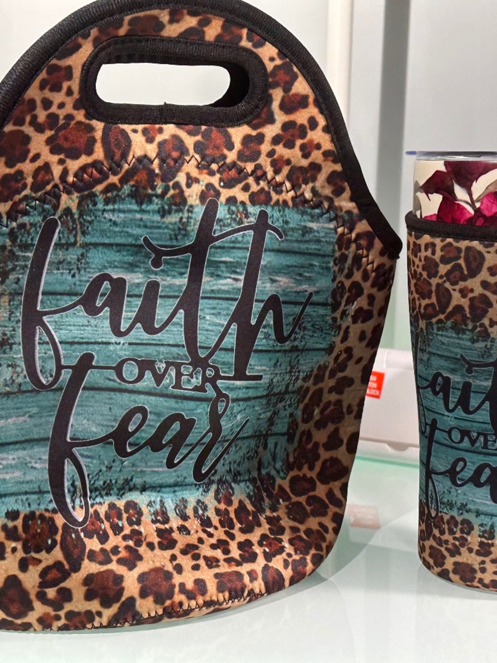 2pc "Faith Over Fear" Neoprene Lunch Tote & 30 oz Tumbler Koozie (B37)